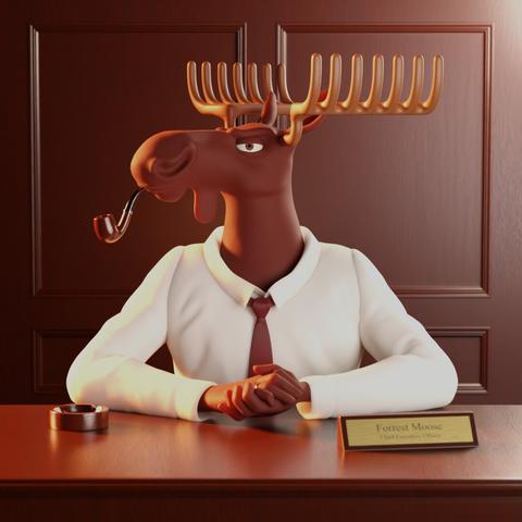 A 3D model of a cartoon Moose sitting at a desk in what appears to be a fancy office. He's wearing a shirt and tie and smoking a pipe. He looks serious.