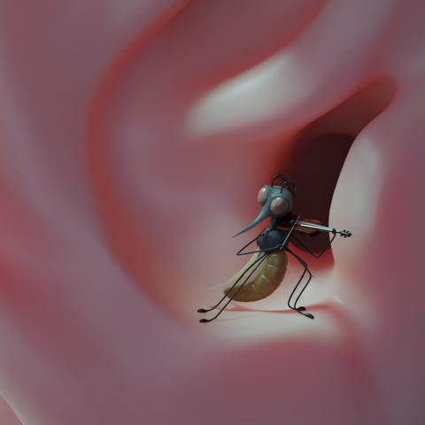 A 3D illustration of a cartoon mosquito playing a tiny violin inside a human ear. A bit more zoomed-in on the mosquito than the previous image.