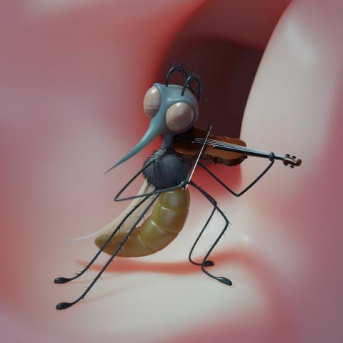 A 3D illustration of a cartoon mosquito playing a tiny violin inside a human ear. A bit more zoomed-in on the mosquito than the previous image.
