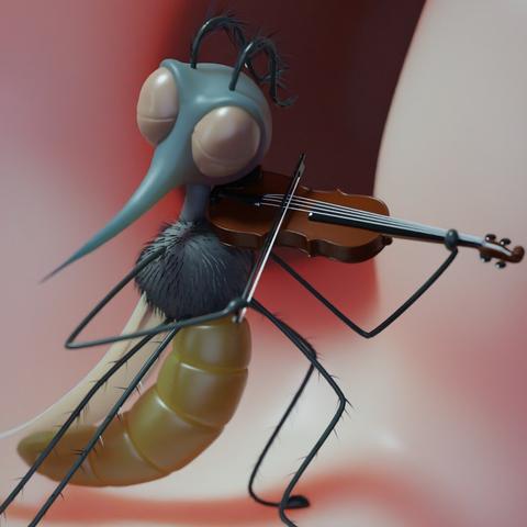 A 3D illustration of a cartoon mosquito playing a tiny violin inside a human ear. A bit more zoomed-in on the mosquito than the previous image.