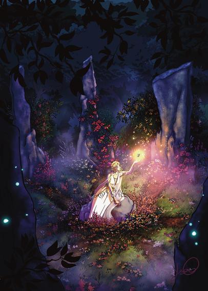 Dessin numerique représentant une femme en toge au centre d'un cercle de pierres dressées, au cœur de la forêt. Les fleurs ont poussé un peu partout. Il fait nuit, la seule source de lumière est un petit papillon vers lequel la jeune sorcière tend la main.