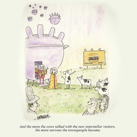A cartoon illustration of cows pointing at a billboard of a hamburger while talking to aliens who look like cows as townspeople nervously watch. Caption reads "And the more the cows talked with the new interstellar visitors, the more nervous the townspeople became."