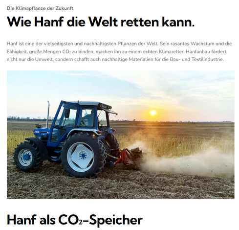 Screenshot 17.03.2025 "Wie Cannabis die Welt retten kann". Ein Traktor auf einem Feld, dazu Text der Webseite. https://klimafeld.at/warum-hanf/