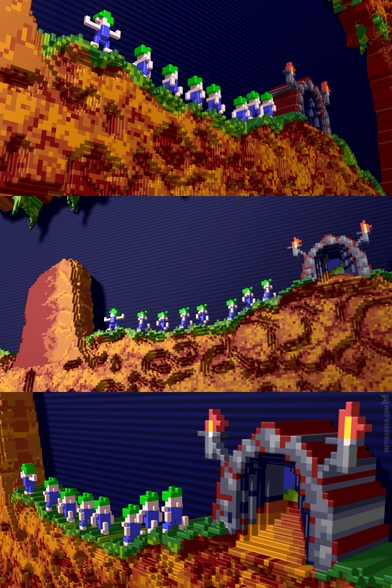 Three views of a voxel art tribute to the 16-bit game Lemmings.