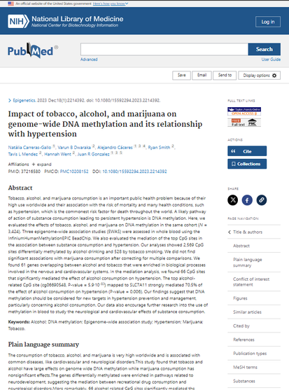Screenshot 27.03.2025

Artikel, wie Tabak und Alkohol epigenetische Schäden verursachen können, während Cannabis das nicht tut.
The consumption of tobacco, alcohol, and marijuana is very high worldwide and is associated with common diseases, like cardiovascular and neurological disorders.This study found that tobacco and alcohol have large effects on genome wide DNA methylation while marijuana consumption has nonsignificant effects.The genes differentially methylated were enriched in pathways related to neurodevelopment, suggesting the mediation between recreational drug consumption and neurological disorders.More remarkably, 66 alcohol related CpG sites significantly mediated the association between heavy drinking and hypertension.Our findings suggest that DNA methylation changes should be considered for new targets in disease prevention for recreational drug consumers.

https://pubmed.ncbi.nlm.nih.gov/37216580/