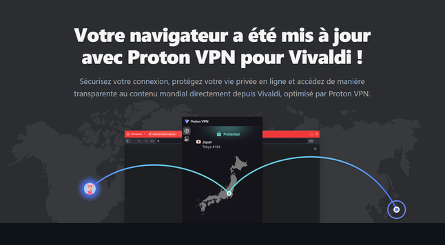 Annonce du navigateur Vivaldi suite à une mise à jour. Proton VPN maintenant intégré au navigateur.