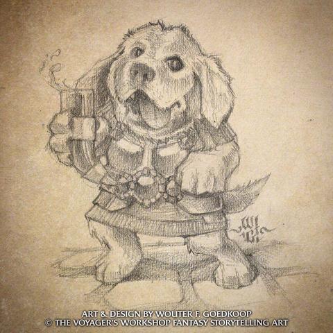 A tipsy anthropomorphic lab guard having a good time drinking some ale - pencil drawing on paper.