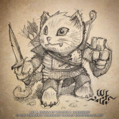 An anthropomorphic cat ranger looking ready to face whatever comes their way - pencil drawing on paper.