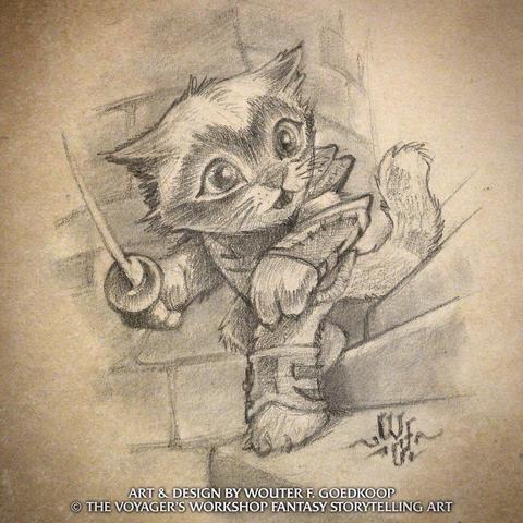 An anthropomorphic cat rogue sneaking down a spiral stone stairway - pencil drawing on paper.