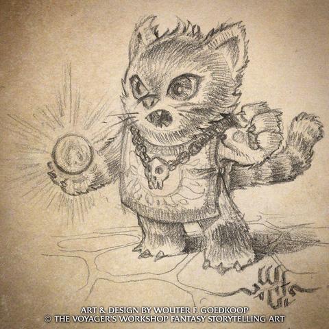 An anthropomorphic cat mage preparing to hurl a fireball - pencil drawing on paper.