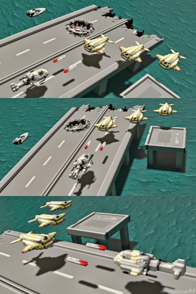 Three views of a voxel art tribute to the 16-bit shoot-'em-up game SWIV.