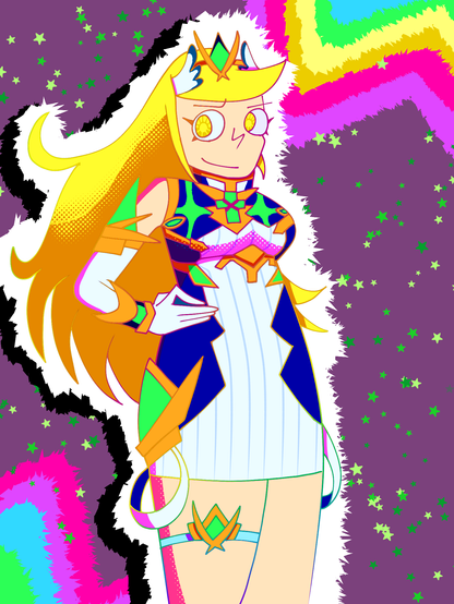 A digital illustration of Mythra from Xenoblade Chronicles 2. She’s standing with her hand on her hip.