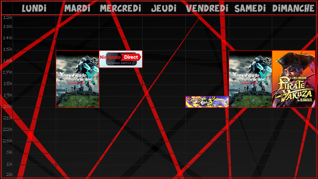 -Mardi, de 15h jusqu'à 20h, toujours sur les quêtes secondaires (et principales ?) de Xenoblade Chronicles X Definitive Edition;
-Mercredi, à partir de 14h50, c'est le grand reveal de la Switch 2 ! On react ensemble au Nintendo Direct !
-Vendredi, de 19h jusqu'à 20h, petit live Splatoon 3 pour se préparer au Springfest qui arrive !
-Samedi, de 15h jusqu'à 20h, encore et toujours du Xenoblade Chronicles X Definitive Edition;
-Et Dimanche, de 15h jusqu'à 20h, on relance enfin Like a Dragon Pirate Yakuza in Hawaii !