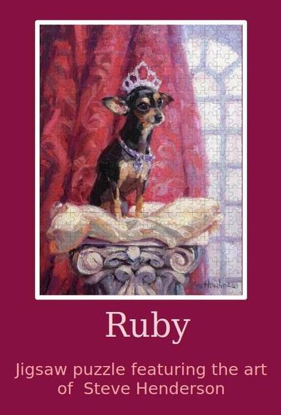 Jigsaw puzzle of an original oil painting depicting a small dog with a tiara at the top of its head.