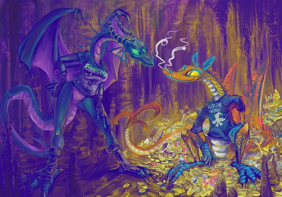 two dragons based on the characters maleficent and smaug wearing shirts with text: "touch it i say" and "kick the hobbit" stare at each other in a treasure filled cave environment