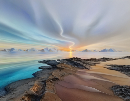 A wide view of sunrise over a muddy and rocky coastal landscape, with wavy clouds radiating from the sun, and reflecting soft pastel tones over calm waters and distant pyramidal hills.
