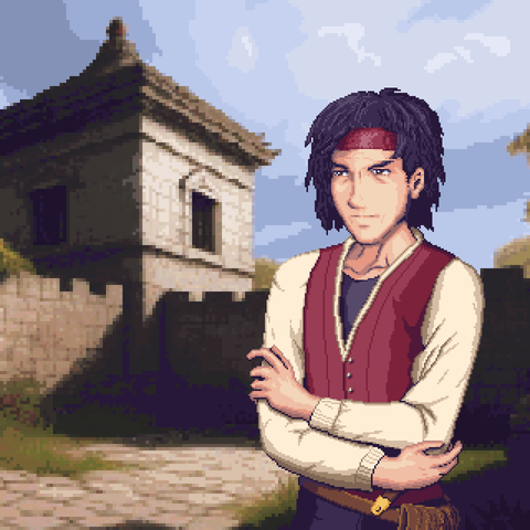 pixel art of a older, dark haired, masculine-looking character with light skin and arms crossed, wearing a red headband, red vest over a tan shirt and dark undershirt, with a utility belt and dark pants - the background is the courtyard of a castle looking structure with a cloudy sky and some foliage