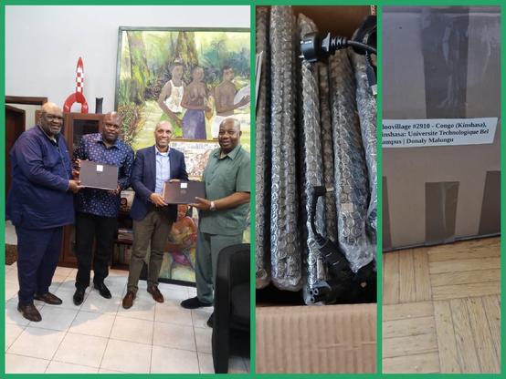Collage aus 3 Fotos. In einem Karton liegen mehrere in Luftpolsterfolie verpackte Laptops. Auf einem Karton sieht man von außen einen Aufkleber mit dem Namen des Projektes und der Universität. In einem Raum stehen 4 Personen vor einer Wand, daran hängt ein Gemälde einer afrikanischen Szene. Teil tragen die Männer Anzug, teils legere Kleidung. Je 2 halten einen Laptop zwischen sich.