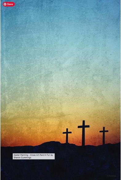 Three wooden crosses silhouetted against a fading sunset by artist Sharon Cummings.