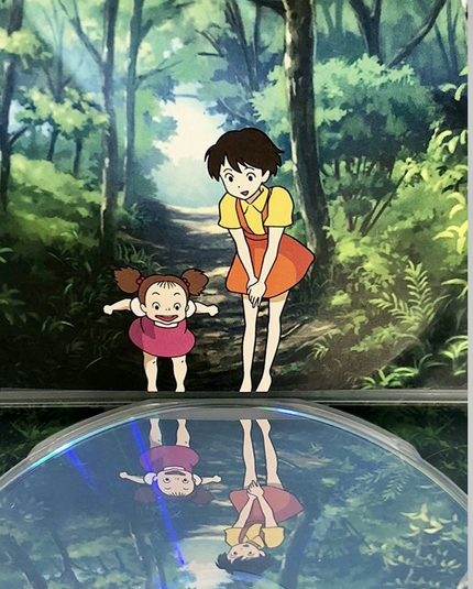 DVD box opened with a raised lid & the disc inside. Inside the lid there’s a picture of the characters standing by water & looking down. The reflection in the CD gives the impression that they see their reflection in the water.