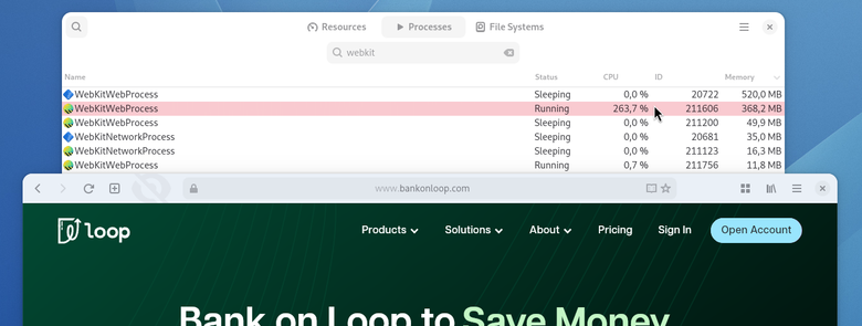 Screenshot of the "Canary" version of Epiphany (GNOME Web browser) showing the BankOnLoop.com front page, and GNOME System Monitor indicating that it is using 265% of the CPU