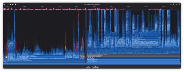 Screenshot of Sysprof 48's flame graph representation of WebKitGTK's most expensive function calls while loading the Globe and Mail website