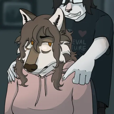 an anthropomorphic wolf and cat are illuminated by an out-of-frame computer screen. the cat girl leans over the wolf girl's shoulders, pointing at the screen. she is grinning and her eyes are obscured. the wolf girl gives her an unimpressed look.