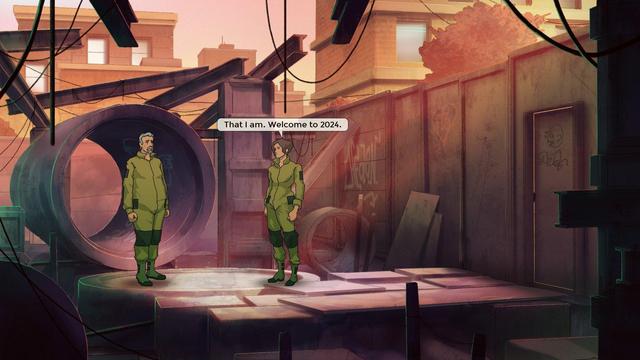 Two characters in jumpsuits in a construction site, one of them saying "That I am. Welcome to 2024".