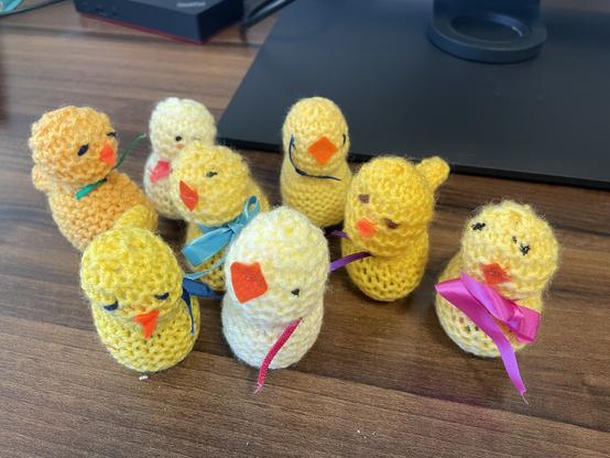 8 knitted chicks in various shades of yellow on a desk.