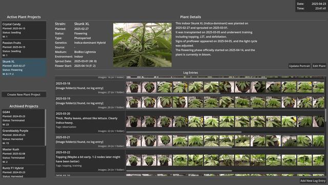 Screenshot of the MyPlants application user interface. The left panel lists active and archived plant projects (like Skunk XL, Granddaddy Purple, Runtz). The right panel displays detailed information for the currently selected plant (Skunk XL), including its metadata (strain, status, dates, environment, medium), a large photo of the plant's top, a summary, and a timeline of dated log entries. Each log entry shows brief notes on actions or observations (e.g., Topping, LST, preflower signs) and a scrollable row of small thumbnail images. The UI provides a visual diary for tracking plant growth and development.