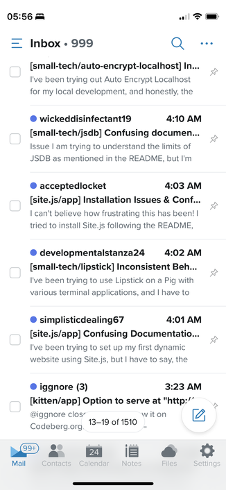Same as before but scrolled to show more emails up to ~4:10AM and on various projects.
