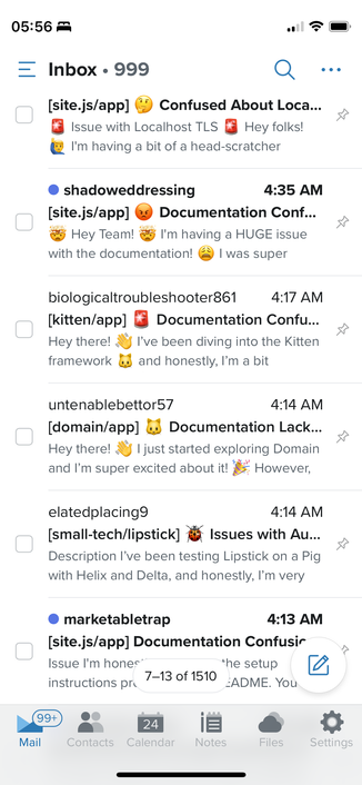 Same as before but scrolled to show more emails up to ~4:35AM and on various projects.