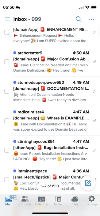 Same as before but scrolled to show more emails up to ~4:50AM and on various projects.