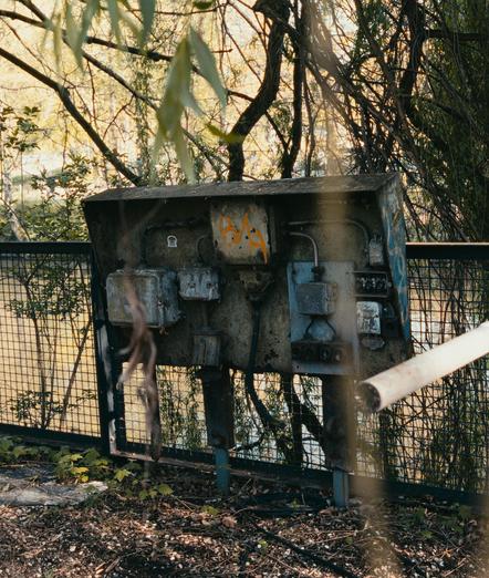 An old rusty electrical box in front of a fence. A few tree branches are in front of the subject, very out of focus.