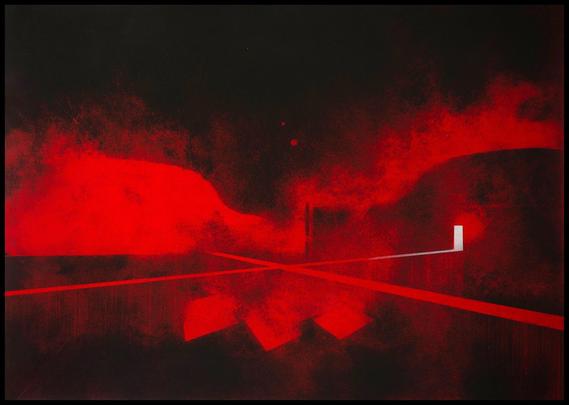The image presents a surreal, dreamlike night scene set in a dramatic red and black color palette. A glowing red orb, partially caged by vertical bars, sits at the center of a striped platform, drawing immediate focus. The sky is dense with swirling red clouds and multiple dark celestial spheres, suggesting an otherworldly atmosphere. Abstract architectural forms frame the composition—sharp-edged, geometric structures emerge from the darkness, with some lines of bright white slicing through the scene like beams or rails. In the background, silhouettes of mountains rise under the blood-red sky, enhancing the feeling of isolation and mystery.