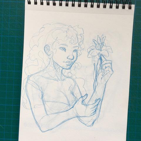Photo du croquis au stade de l'ébauche à la mine bleue, dans mon carnet à spirale format A5, représentant une bellaminette en buste, cheveux longs, tenant devant elle une fleur d'iris.