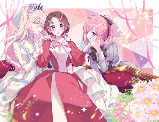 3 girls in a love triangle situation.
The main one in the center has brown hair, and wears a red/white dress with a pink ribbon.
On the left, holding her hand, is a girl with white hair, wearing a white/blue dress ane a blue tiara.
On the right, holding the main girl's hand to her cheek, is a girl with pink hair and a grey dress.
There's pretty flowers and ribbons on the scene.