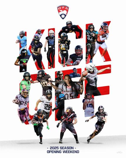 Image from WFA website that has text that reads KICK OFF in the middle with some of the WFA players surrounding the text. At the bottom it reads 2025 Season Opening Weekend.