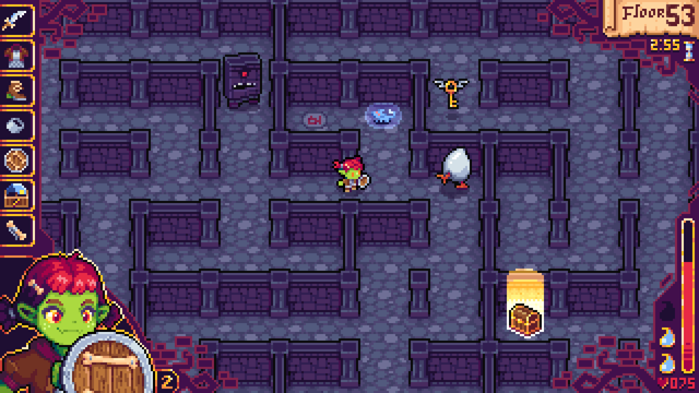 OLD MOCKUP: Top down 16-bit style pixel art of a dungeon. Purple and gold HUD.