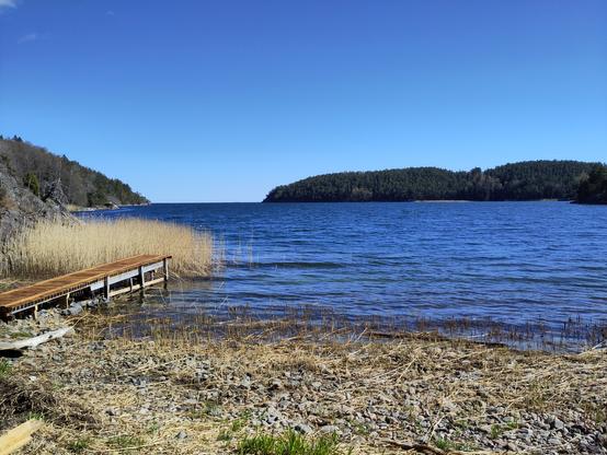 A small bay of the ocean with a wooden pier on one side