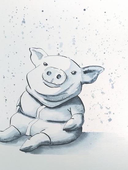 Dessin d'un petit cochon bleu en body qui sourit.