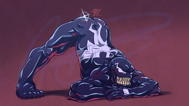 A drawing of Marvel's Venom, a male muscular superhero/supervillain clad in a tight shiny, latex-like black-and-white alien suit known as a symbiote. He is in a difficult pose where he is resting his chest and arms on the ground, and has his hips lifted up as far as they will go. His legs are straightened out and splayed to his sides in order to support this pose.