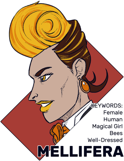 A profile picture for my magical girl Mellifera, to be used on Art Fight. Her keywords are: Female; Human; Magical Girl; Bees; and Well-Dressed.