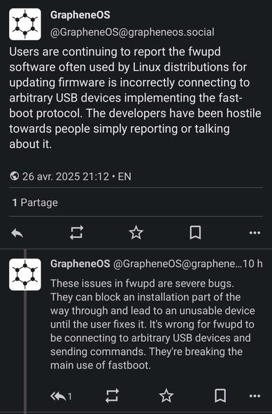 Screenshot of GrapheneOS's accusatory message against fwups and its so-called hostile developer