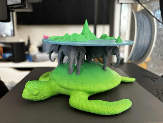 Great A'Tuin. Great A'Tuin is the Giant Star Turtle (of the fictional species Chelys galactica) who travels through the Discworld universe's space, carrying four giant elephants (named Berilia, Tubul, Great T'Phon, and Jerakeen) who in turn carry the Discworld.