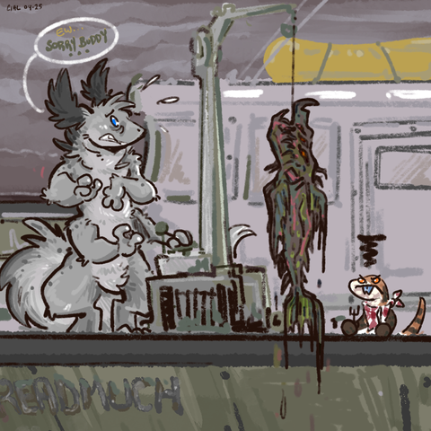digital art by me of a rusty ol sea fishing trawler. on the deck handling the winch is a grey and white nikitak (think four armed weasel taur alien). he's grimacing at the abbaretion they've caught, some wretched fish thats' all spikes and eldritch nastyness. his "son" a blue tongued skink wearing a cartoon bib and holding a fork and knife looks unhappy. this not good dinner