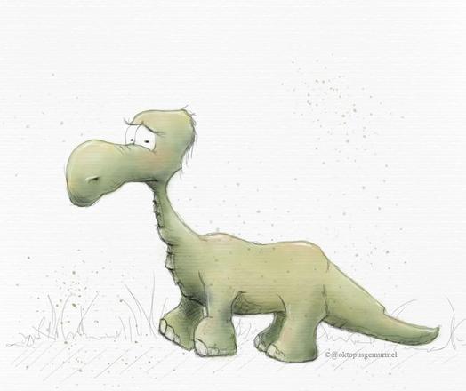 Zeichnung eines grünes Dinos im Comic-Stil, welcher etwas verzagt drein blickt.