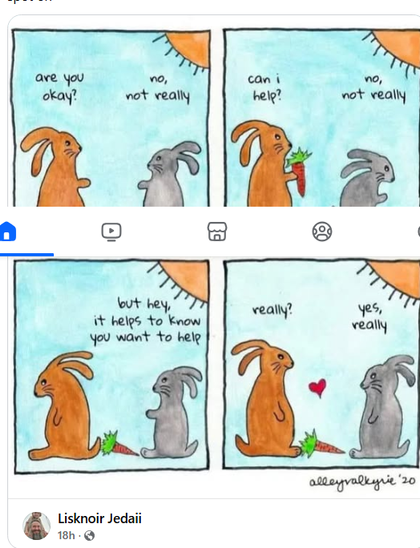 Four panel drawing of two rabbits against a blue sky with a yellow sun in the upper right-hand corner.
The rabbit on the left is orangey-tan. The rabbit on the right is grey. 
Panel one top left: Orange rabbit: "Are you okay? 
Grey rabbit: No, not really. 
Panel two top right: Orange rabbit: Can I help (offering a carrot) 
Grey rabbit: No, not really.
Panel three bottom left: Orange rabbit is turned to go, carrot is on the ground.
Grey rabbit: But hey, it helps to know you want to help. 
Panel four bottom right: Orange rabbit: Really? there's a red heart floating between them
Grey rabbit: Yes, really
