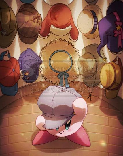 Digital art of Kirby standing in a walk-in closet full of hats hanging from the wall. Kirby himself is wearing a gray newsboy cap and is confidently smiling towards the viewer.