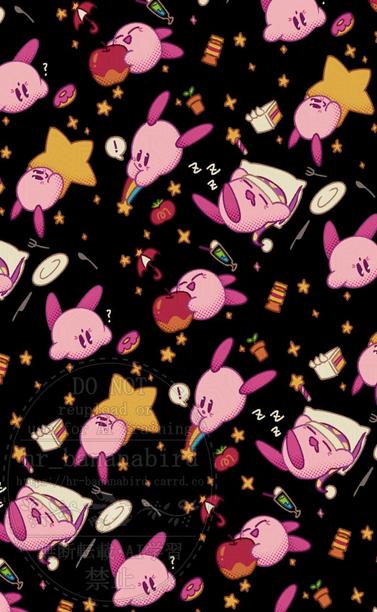 Digital art of several Kirbys doing different things, like sleeping, grabbing on to a warp star, and falling up-side down, all placed on a solid black background. Surrounding them are small items related to Kirby, like cakes, tomatoes, parasols and stars.